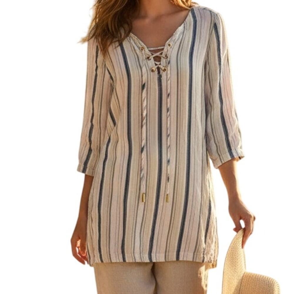 Tommy Bahama Linen Blend Laceup Top Womens Medium Striped Beachy Coverup
